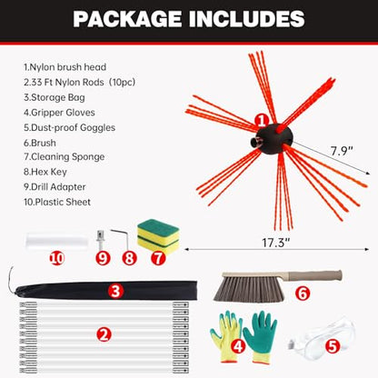 33 Feet Chimney Sweep Kit, Chrome Button Locking System, Chimney Cleaning Kit, Chimney Brush, Chimney Cleaning System with 10 Flexible Chimney Rods - size: 33 FT