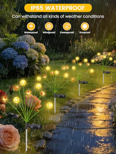 EEW Solar Garden Lights Outdoor 10 Pack 80 LED Swaying Dandelion Bee Lights | 2 Modes (Steady on, Slow Twinkle),Cute Flower Pathway Lights for Yard Lawn Patio Party Garden Wedding Pathway Decorations