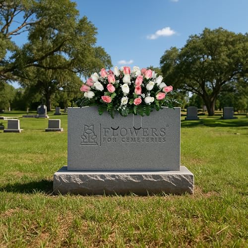 30" Headstone Flower Saddle Artificial Cemetery Flowers - Gravesite Flowers - Cream Pink Roses - color: Cream and White Roses, size: (1) Saddle