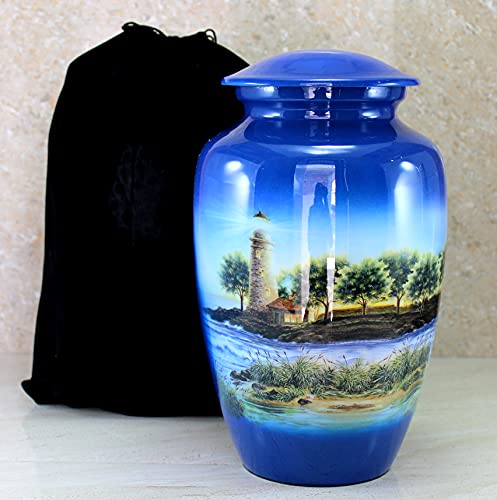 eSplanade Metal Lighthouse Printed Cremation Urn Memorial Jar Pot Container | Blue-Multi - 10" Inches