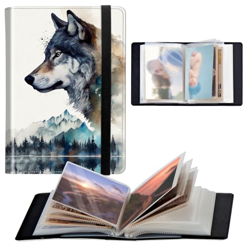 Photo Album 4x6 120 Pockets Photos with Elastic Band, Cute PU Leather Photo Books Small Mini Capacity Picture Album for Family Wedding Travel Anniversary Baby Vacation Pictures, Art Wolf - color: Art Wolf