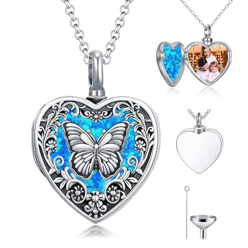 Personalized Heart Urn Locket Necklace for Ashes and Pictures 925 Sterling Silver Customized Locket Cremation Necklace for Ashes Memorial Keepsake Jewelry for Women - color: Opal Butterfly Urn Locket, style: Custom