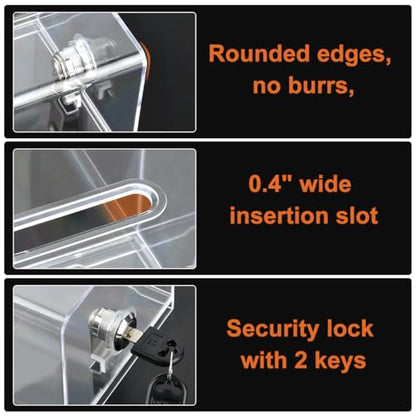 FOCCTS Clear Acrylic Donation Box with Lock, Ballot Box Suggestion Boxes With Sign Holder, Raffle Boxes With Slot for Voting Donation Ticket Comment Tips(6.2" x 4.5" x 4")