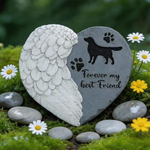 Landoraloria Dog Memorial Stone 10” Heart with Wings Outdoor Pet Grave Marker Cement Garden Remembrance Stone Sympathy Gift for Loss of Dog Rainbow Bridge Design