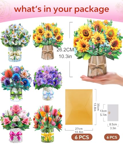 Pop Up Card Floral Bouquets for Women, Dasiy Sunflower Voilet Tulip Dahlia Rose Greeting Set for Grandmother Mom Wife Sister Mother's Day Birthday Gift, Includes Envelopes and Blank Note Card - style: Dasiy Sunflower Voilet Tulip Dahlia Rose