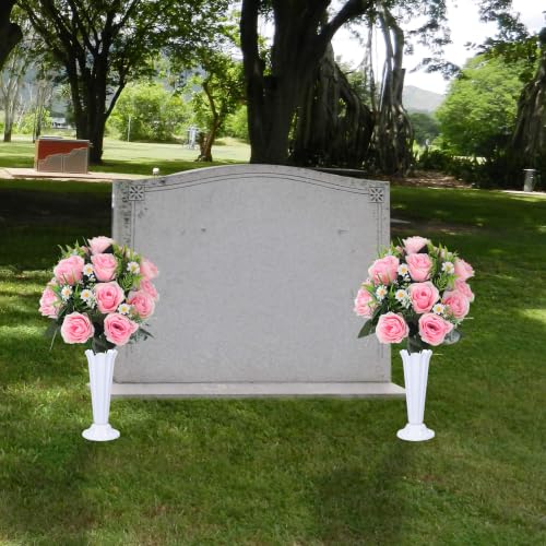 Artificial Cemetery Flowers Set 2PCS Memorial Grave Roses Bouquets with Vases for Outdoor Grave Decor UV Resistant