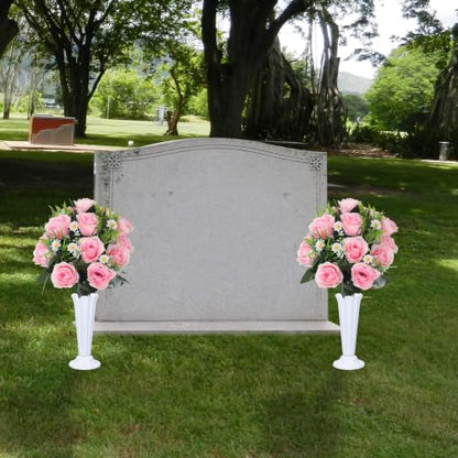 Artificial Cemetery Flowers Set 2PCS Memorial Grave Roses Bouquets with Vases for Outdoor Grave Decor UV Resistant