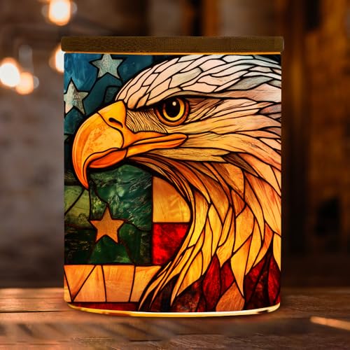 Stained Glass Eagle Tea Light Candle Holder with Bamboo Lid, American Flag Decorations Light Glass Tealight Holder, LED Candle Tealight Jar for Birthday,Wedding,Home Decor - color: American Flag Eagle