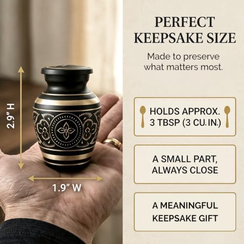 Small Urns for Human Ashes – Brass Hand-Engraved Funeral Keepsake with Elegant Black Finish – Mini Cremation Memorial for Mom, Dad & Loved Ones - color: Black