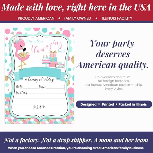 Flamazing Pink Aqua & Gold Glitter Polka Dot Flamingo Birthday Party Invitations for Girls, 20 5x7 Fill In Cards with Twenty White Envelopes by AmandaCreation - style: Flamazing Pink Aqua & Gold Glitte
