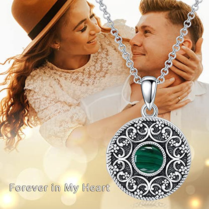 Round Locket Necklace 925 Sterling Silver Filigree/Flower Locket Necklace That Holds Pictures Birthday Christmas Jewelry Gifts for Women - color: 02-Malachite Locket