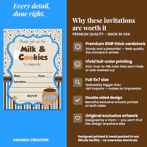 Milk and Cookies Birthday Party 20 Invitations 5"x7" Double-Sided Fill-In Cards with Envelopes, Kids Party Stationery Set, Cute Milk & Cookie Jar Theme for Boys, Made in USA by Amanda Creation - color: Milk and Cookies