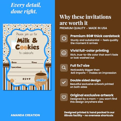 Milk and Cookies Birthday Party 20 Invitations 5"x7" Double-Sided Fill-In Cards with Envelopes, Kids Party Stationery Set, Cute Milk & Cookie Jar Theme for Boys, Made in USA by Amanda Creation - color: Milk and Cookies
