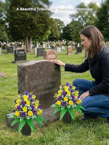 Mirevielyn 2-Pack 24-Stem Artificial Rose Cemetery Flowers with Vases - color: Yellow & Purple