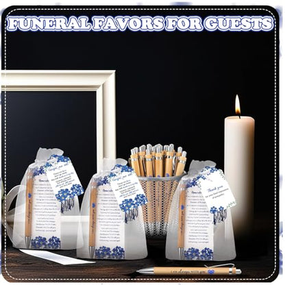 Sayglossy 200 Pcs Blue Flower Funeral Gifts Celebration of Life Gifts Set Memorial Decorations for Sympathy Include 50 Ballpoint Pens 50 Bookmark 50 Poem Cards and 50 Organza Bags - style: Blue Flower