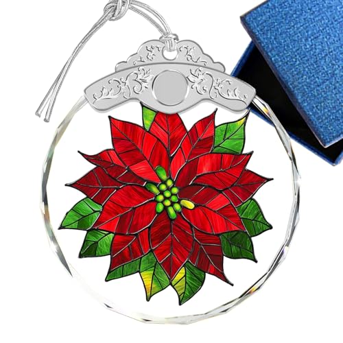 Stained Glass Ornament - Poinsettia Christmas Ornaments - Xmas Decor - Ornaments for Christmas Tree - Holiday Presents - Gift Exchange Ideas - Car Hanging Decoration - Wine Bottle Decor - color: Red Poinsettia