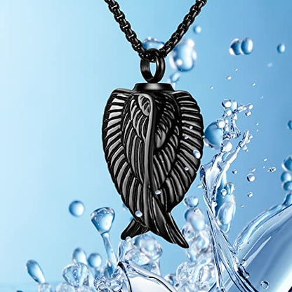 YOUFENG Fishing Hook Urn Necklace for Ashes Stainless Steel Cremation Jewelry Always in My Heart Ashes Necklaces Memorial Keepsake for Men - color: Black Angel-Wing
