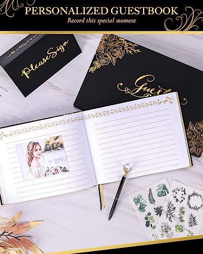 Black Wedding Guest Book, Guest Book Wedding Reception with Pens, 9x7'' | Personalized Wedding Guestbook Photo Album Sign in Book, Gold Foil Hardcover & Gilded Edges, For Weddings Baby Shower Party - color: Black
