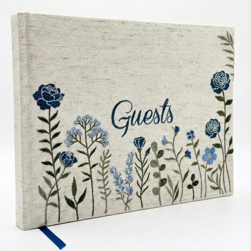 Linen Floral Embroidered Photo Wedding Guest Book - Dusty Blue Guestbook | 160 Thick Decorative Blank Pages for Photos & Notes as Keepsake for Weddings, Bridal, Baby Showers, Parties, & Receptions - color: Dusty Blue