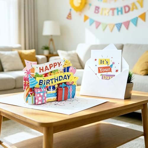 3D Pop Up Birthday Card, Colorful Happy Birthday Greeting Card with Gift Box & Party Banner Design, Unique 3D Birthday Card for Women, Men, Kids, Friends & Family - Ideal for Birthday Celebrations & Party Favors