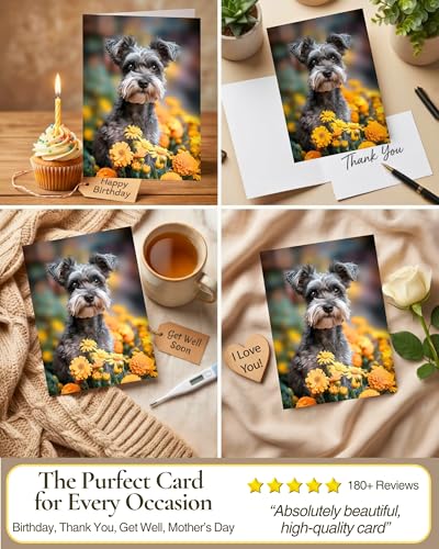 Schnauzer with Yellow Flowers All Occasions Greeting Card from Unique Dogs Party Delights Collection Large 5x7 Inch Blank Inside with Envelope | 5x7 Inch Card, Blank Inside, Premium Silk Cardstock, Made in USA by USA-Based Pet Friendly Small Business, by