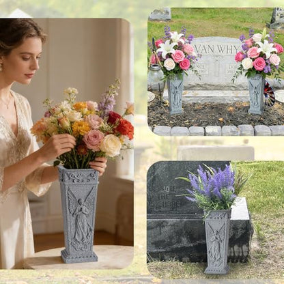 Cemetery Vases, Grave Memorial Vase with Spike, Resin Angel Flowers Holder for Cemetery, Headstone, Grave, Garden, Lawn, Yard Decorations (1Pc, Grey), Flower is not Included.