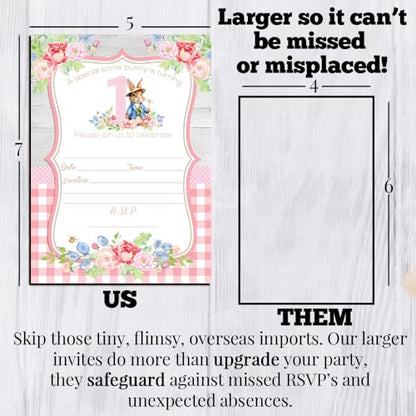 Amanda Creation Little Bunny Rabbit 1st Birthday Party Invites - Adorable Fill In Invitations for Girls Set of 20 5X7 Double Sided Cards with Twenty White Envelopes Kids Party Supplies - style: Little Bunny Rabbit 1st Birthday