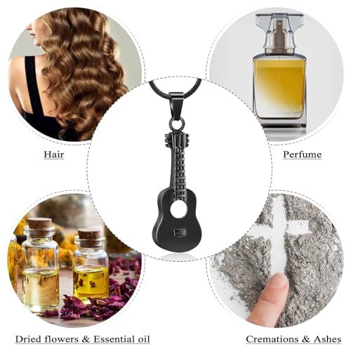 Oinsi Guitar Urn Necklace for Ashes Cremation Pendants Jewelry Ashes Holder Memorial Urn Necklace Cremation Jewelry for Human with Filling Kits - color: Black