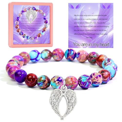 Sympathy Gift Memorial Gifts for Loss of Loved Ones, In Memory of Mother Father Memorial Bereavement Bracelet with Angel Wings Charm - color: Colorful Imperial Jasper