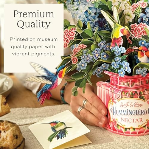 Freshcut Paper Pop Up Cards, Hummingbird Oasis, 12 Inch Life Sized Forever Flower Bouquet 3D Popup Greeting Card, Birthday Cards, Thank You Card, Blank Notecard & Envelope - color: Hummingbird Oasis, size: Classic
