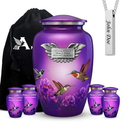 Set of 7 Hummingbird Custom Plaque Decorative Funeral Urns for Ashes Adult Male & Female Includes 1 Large Urn with 4 Small Keepsakes & 1 Silver NecklaceUrn - color: Hummingbird - Plaque