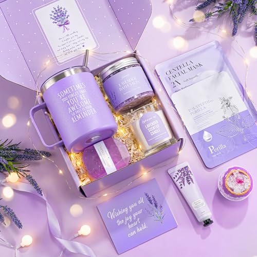 Mothers Day Gifts for Mom, 9pcs Happy Birthday Gifts for Women, Unique Birthday Relaxation Spa Gift Christmas Ideas Relaxing Lavender Set Self Care Gift Basket for Her Mom Sister Friend Teacher - color: Purple