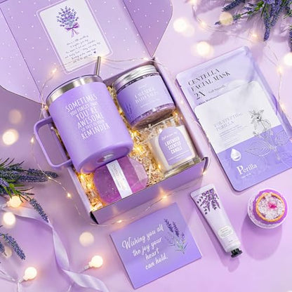 Mothers Day Gifts for Mom, 9pcs Happy Birthday Gifts for Women, Unique Birthday Relaxation Spa Gift Christmas Ideas Relaxing Lavender Set Self Care Gift Basket for Her Mom Sister Friend Teacher - color: Purple