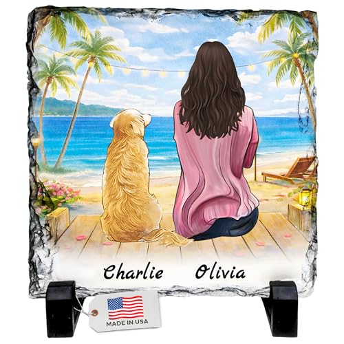 Personalized Photo Rock Slate Frame - 1 Dog Mom - Square Shape | Custom Stone Plaque Picture Frame, Dog Lovers Gift for Women, Gifts for Mom, Birthday, Christmas, Mother’s Day - color: Mom-1Dog-Slate