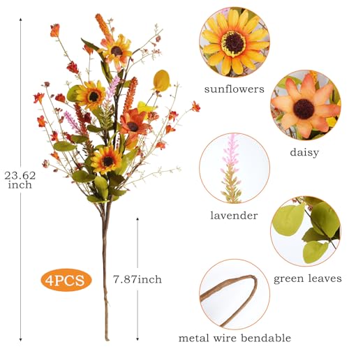 Artificial Fall Flowers for Cemetery, Fake Sunflower, 4Pcs, 23 in - color: Orange-4pcs