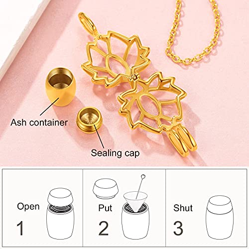 FindChic Personalized Urn Necklaces for Ashes Vertical Bar/Moon Cat/Sand Clock/Dog Claw Pendant Stainless Steel/18K Gold Plated/Black Waterproof Keepsake Cremation Jewelry with Funnel, with Gift Box - color: 4. lotus (gold)