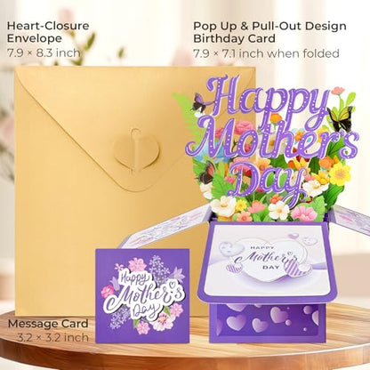 Happy Mothers Day Card, Pop Up Mothers Day Cards for Mom Wife Grandma, Unique Flowers & Butterfly Design Mothers Day Gifts with Heart-Shaped Closure Envelope & Blank Notecard - color: Happy Mothers Day