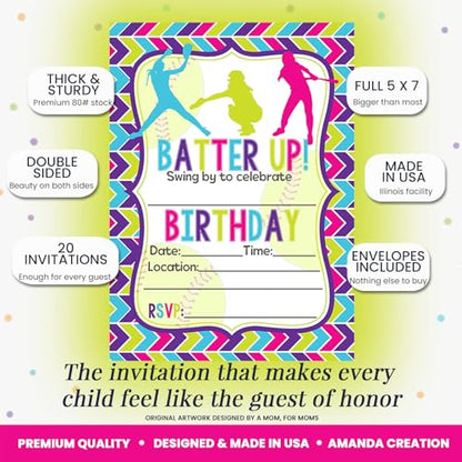 Amanda Creation Batter Up Softball Themed Birthday Party Invitations, 20 5x7 Fill-In Cards with Twenty White Envelopes - style: Batter Up Softball