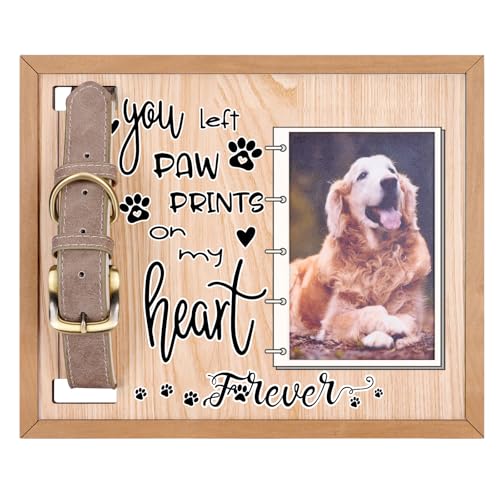 Dog Memorial Picture Frame with Collar Holder 4x6 pet Photo Frame Gifts A Sympathy Gift for Dogs Cats Loss (Paw Prints on My Heart)