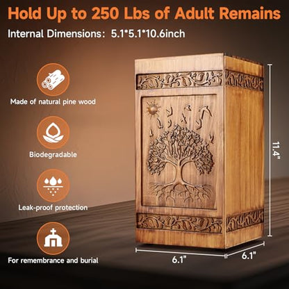 Wooden Urn for Ashes Adult Male Female, Handcrafted Large Cremation Urns Box for Human Ashes Adult Men Women, Memorial Decorative Funeral Urn with Tree of Life Carvings