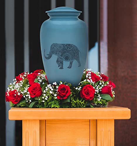 Indian Elephant Cremation Urn for Human Ashes - Handmade Cremation Urn - Adult Burial Urn - Blue Urn with Spiritual Design - Comes with Bag - color: Indian Elephant, size: 1 Large Urn