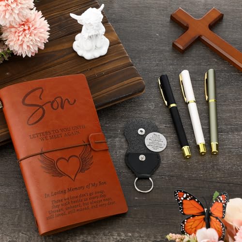 Fulmoon Memorial Gifts for Loss of Son, Letters to My Son in Heaven Included 1 Grief Journal Travel Photo Diary Journal 1 Pocket Hug 1 PU Leather Keychain 3 Ballpoint Pens Bereavement Gifts - style: Son