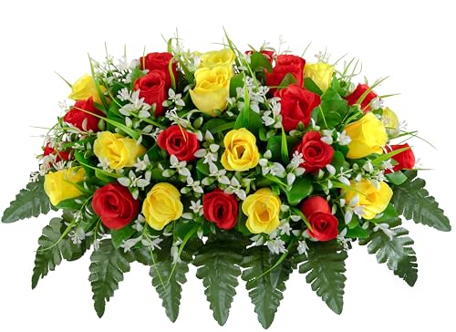 MOOMASS Artificial Cemetery Flowers Saddle, Yellow red Roses, Outdoor Grave Decorations with Non-Bleed Colors - color: Yellow Red Saddle