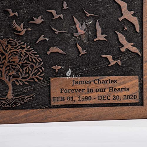 Personalized Urn for Human Ashes, Engraved Tree and Birds, Medium | Hand-carved solid sheesham rosewood, screw-locked sliding base, engraving available, holds up to 110 lb - color: Engraved Tree With Birds, size: Medium (110 lb)