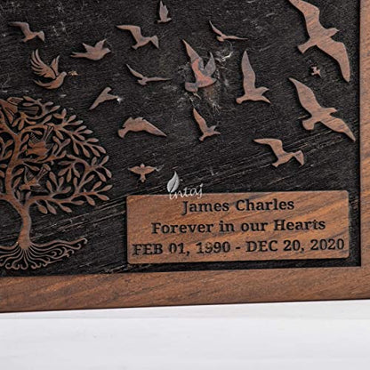 Personalized Urn for Human Ashes, Engraved Tree and Birds, Medium | Hand-carved solid sheesham rosewood, screw-locked sliding base, engraving available, holds up to 110 lb - color: Engraved Tree With Birds, size: Medium (110 lb)
