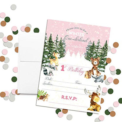 Amanda Creation Winter Onederland Invitation, 20 Pack 5x7 Winter Onederland 1st Birthday Girl Invitation Cards with White Envelopes - style: One-derland First Birthday Girls