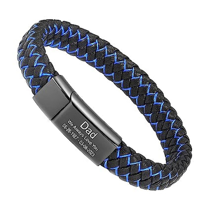 Personalized Cremation Jewelry Urn Bracelet for Ashes - Women Men Memorial Braided Blue & Black Leather Cuff Bangle with Engraving