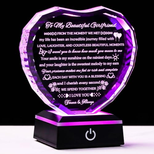 Arikyrist Gifts for Girlfriend with Colorful Base Girlfriend Anniversary Birthday Gifts from Boyfriend Crystal Heart Keepsake to My Girlfriend Romantic I Love You Gifts on Valentine Christmas - style: Girlfriend Gifts + Light Base