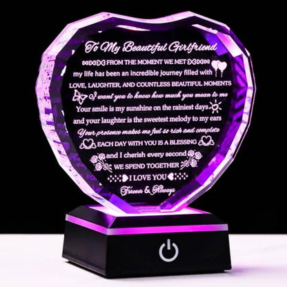 Arikyrist Gifts for Girlfriend with Colorful Base Girlfriend Anniversary Birthday Gifts from Boyfriend Crystal Heart Keepsake to My Girlfriend Romantic I Love You Gifts on Valentine Christmas - style: Girlfriend Gifts + Light Base