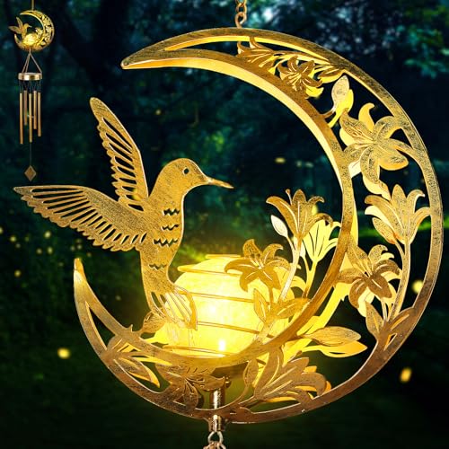 Hummningbird Solar Outdoor Wind Chimes - Unique Moon Hummingbird Design, for Mothers, Grandmothers, Sisters, Friends and Girls on Birthdays, Christmas, Thanksgiving and Mother's Day - color: Moon Hummingbird